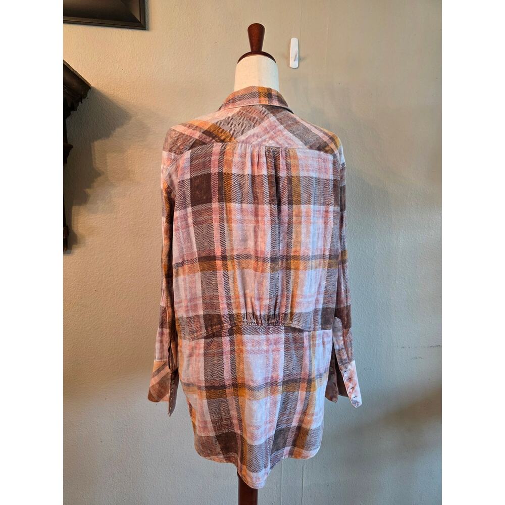 Free People Women's Plaid Flannel Button Down Top Pockets SZ Small Oversized - Picture 3 of 10